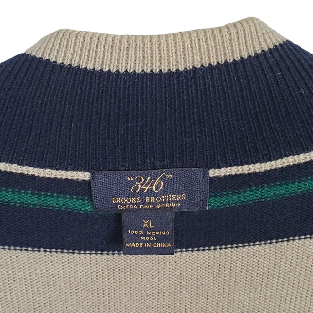 Brooks Brothers 346 Mens Size XL Sweater Merino Wool Striped Half-Zip Beige Navy - Picture 4 of 10